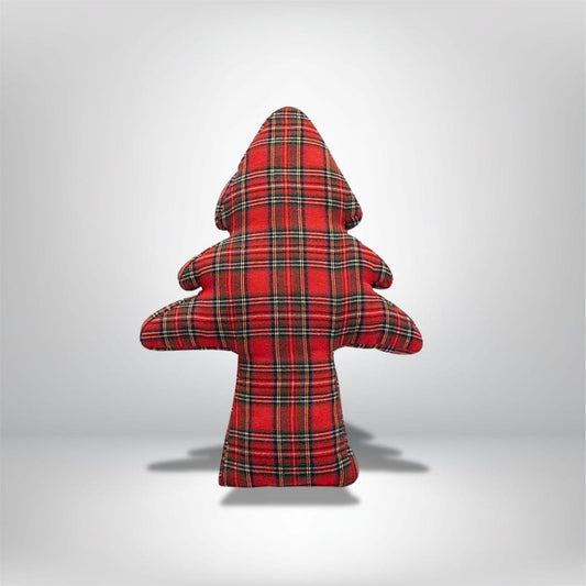 Coussin décoratif en tartan rouge et vert en forme d'arbre, idéal pour un salon chaleureux et festif