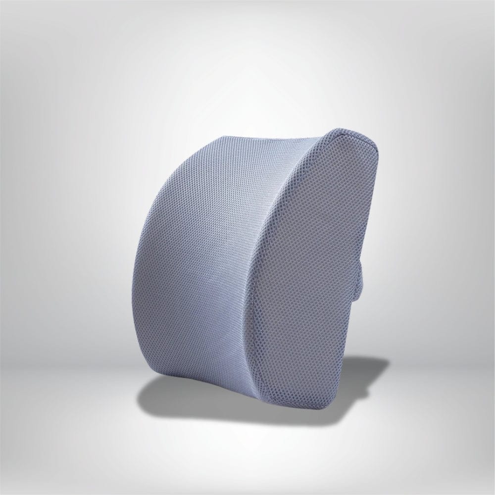 Coussin lombaire en tissu maillé bleu, conçu pour le confort dans une voiture ou sur une chaise