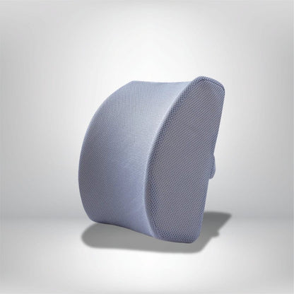 Coussin lombaire en tissu maillé bleu, conçu pour le confort dans une voiture ou sur une chaise