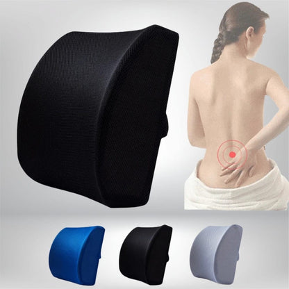 Coussins lombaires en tissu noir, bleu et gris, adaptés pour un soutien confortable dans une voiture ou un bureau