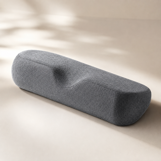Coussin cervical gris en mousse mémoire présenté sur un fond beige