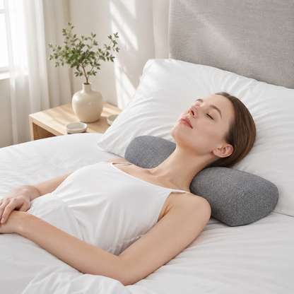 Femme allongée utilisant un coussin cervical ergonomique gris sur un lit
