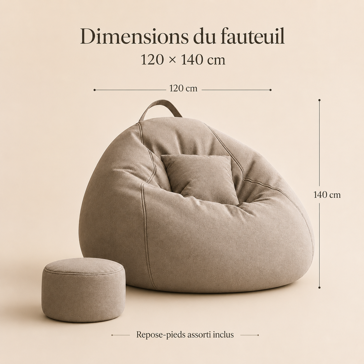 Dimensions du pouf salon géant avec repose-pieds, format unique 120 × 140 cm