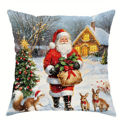 Coussin décoratif avec motif de Noël représentant le Père Noël dans un paysage enneigé, idéal pour un canapé