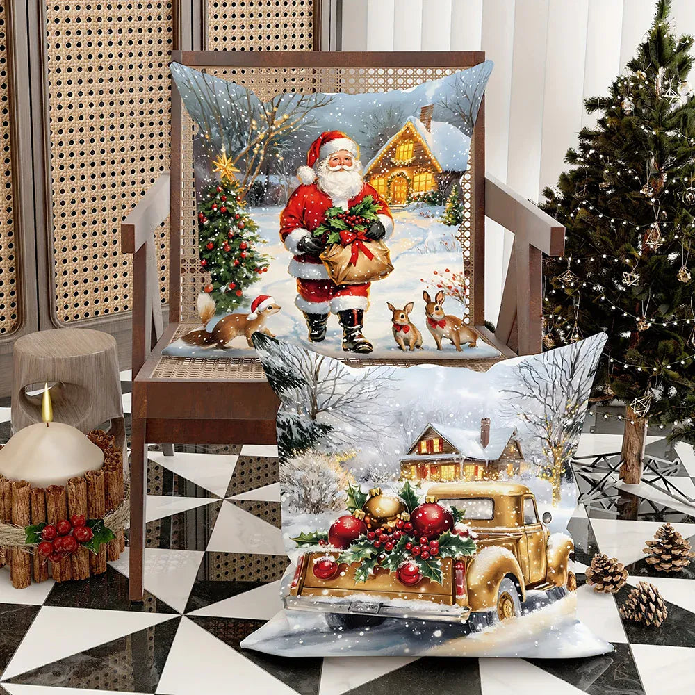Coussin décoratif avec un motif de Noël représentant un traîneau chargé de décorations, posé sur un fauteuil en bois