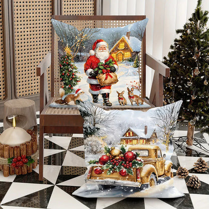 Coussin décoratif avec un motif de Noël représentant un traîneau chargé de décorations, posé sur un fauteuil en bois