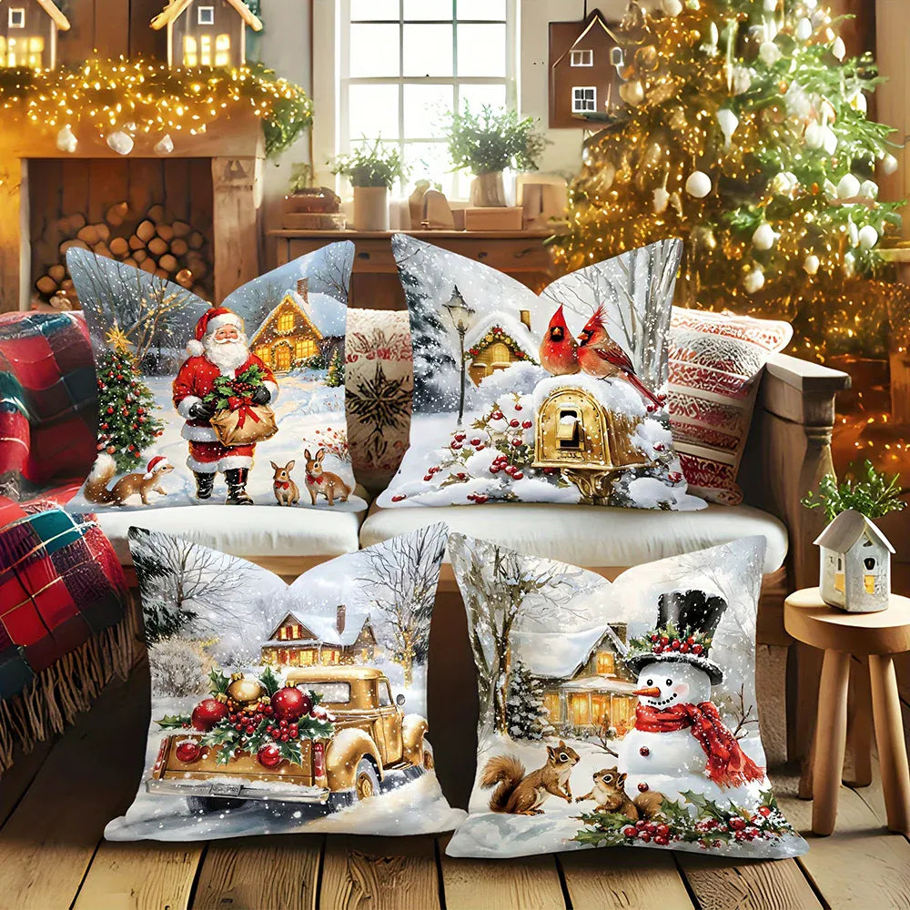 Coussins décoratifs aux motifs de Noël, représentant un père Noël, un bonhomme de neige et des paysages enneigés sur un