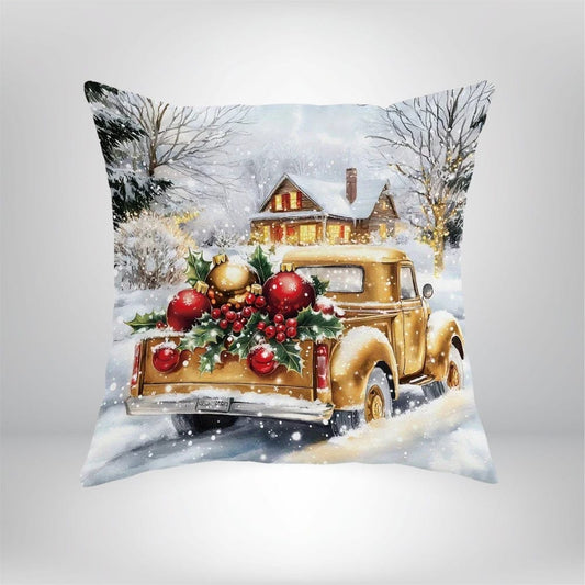 Housse de coussin décoratif avec un camion vintage chargé de décorations de Noël sur fond enneigé