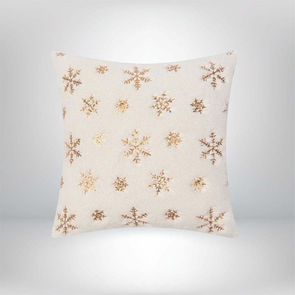 Housse de coussin décoratif beige avec motifs flocons de neige dorés, idéal pour un canapé ou un lit