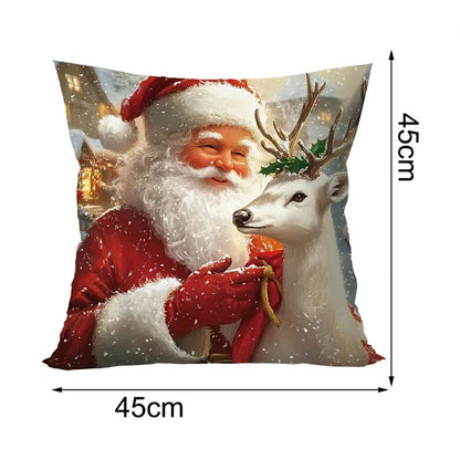 Housse de coussin décorative avec un motif de père Noël et un renne sur fond hivernal, idéale pour un canapé