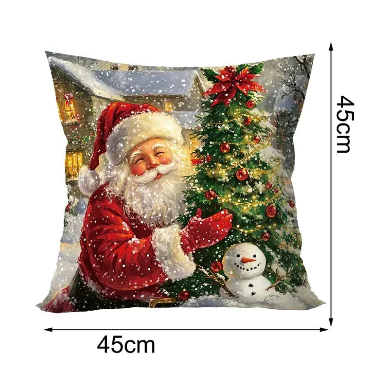 Coussin décoratif avec un motif de Noël représentant le Père Noël et un sapin, idéal pour un canapé