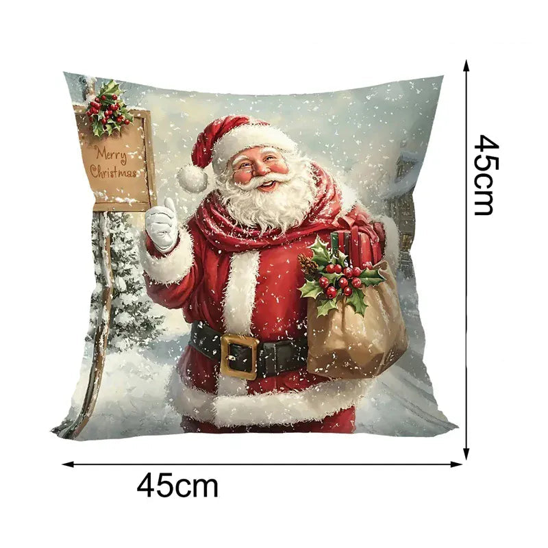 Housse de coussin décorative 45x45 avec un motif de Père Noël sur fond enneigé, idéale pour le salon
