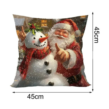 Housse de coussin décoratif avec un père Noël et un bonhomme de neige sur fond hivernal, idéal pour le salon