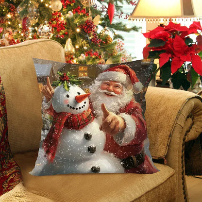 Coussin décoratif avec un motif de Père Noël et bonhomme de neige sur un canapé dans un salon festif