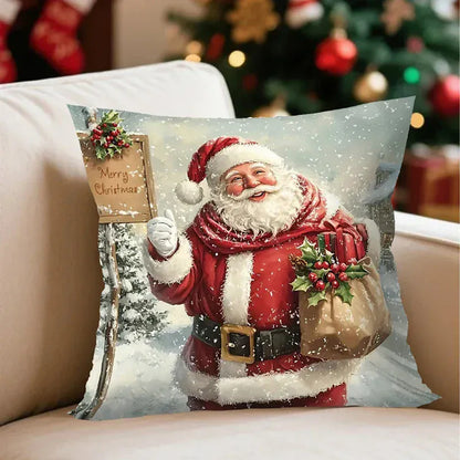 Coussin décoratif avec un motif de Père Noël, rouge et blanc, posé sur un canapé beige, créant une ambiance festive