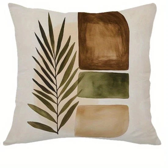 Housse de coussin décoratif avec motifs géométriques en tons naturels, sur fond clair, représentant une feuille et des formes colorées