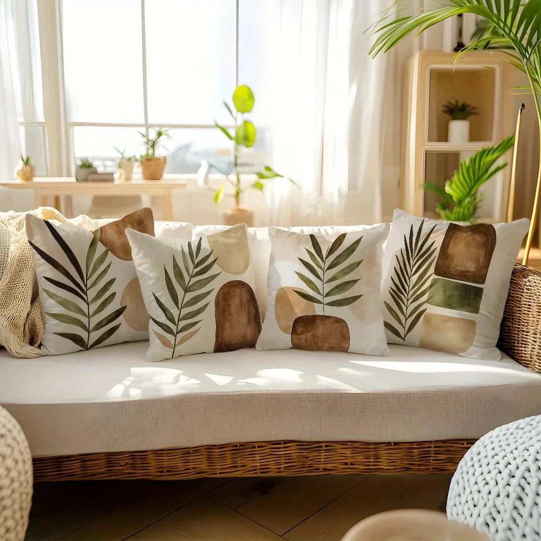 Coussins décoratifs aux motifs géométriques et feuillages, disposés sur un canapé en rotin dans un salon lumineux