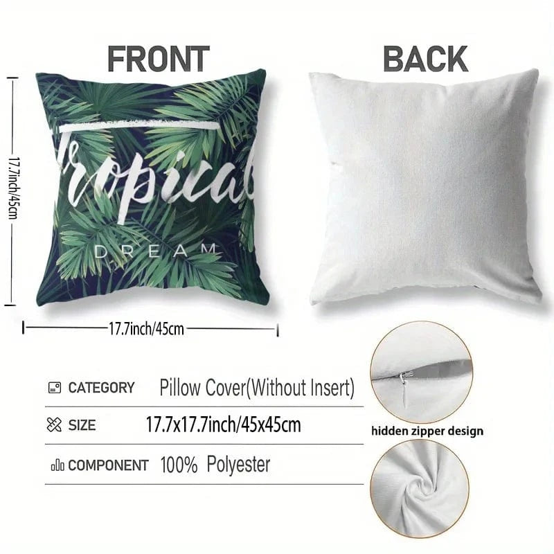 Housse de coussin décoratif avec motifs tropicaux verts sur fond noir, idéale pour un canapé ou un lit