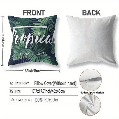 Housse de coussin décoratif avec motifs tropicaux verts sur fond noir, idéale pour un canapé ou un lit