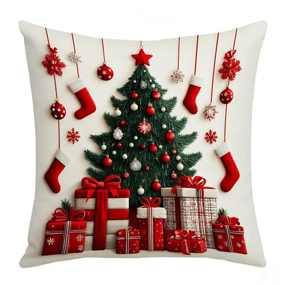 Housse de coussin de Noël avec un motif de sapin, cadeaux et ornements rouges sur fond blanc
