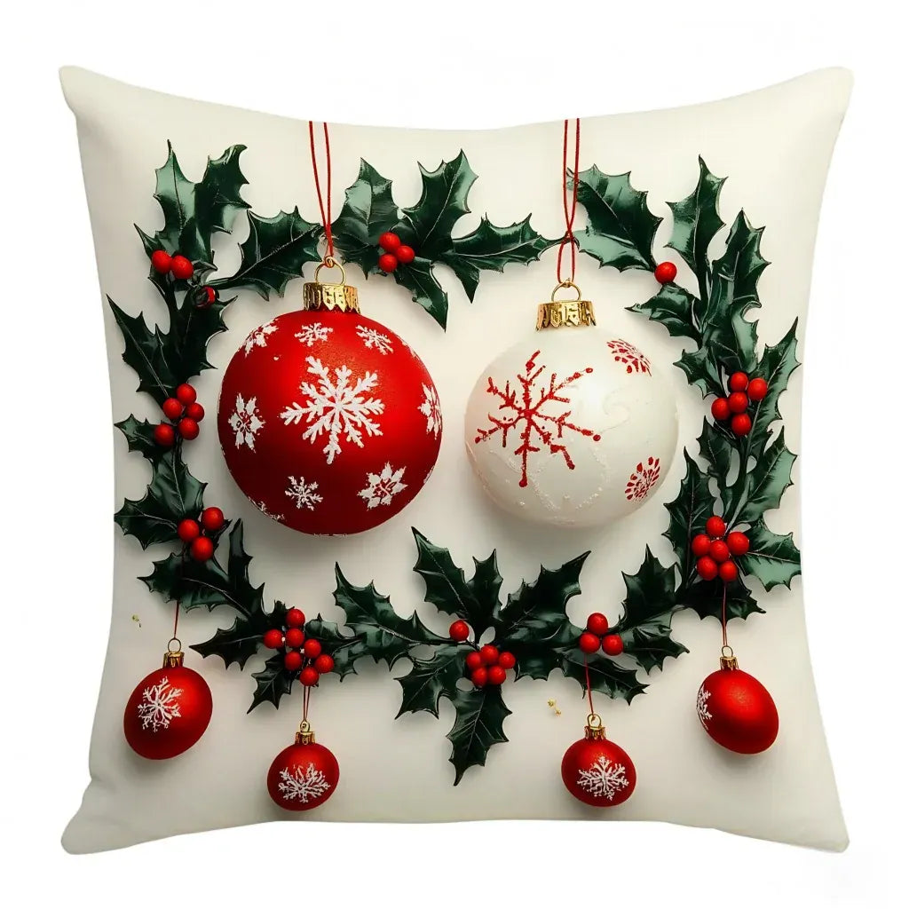Housse de coussin de Noël blanche ornée de boules rouges et blanches, motifs de flocons de neige et houx