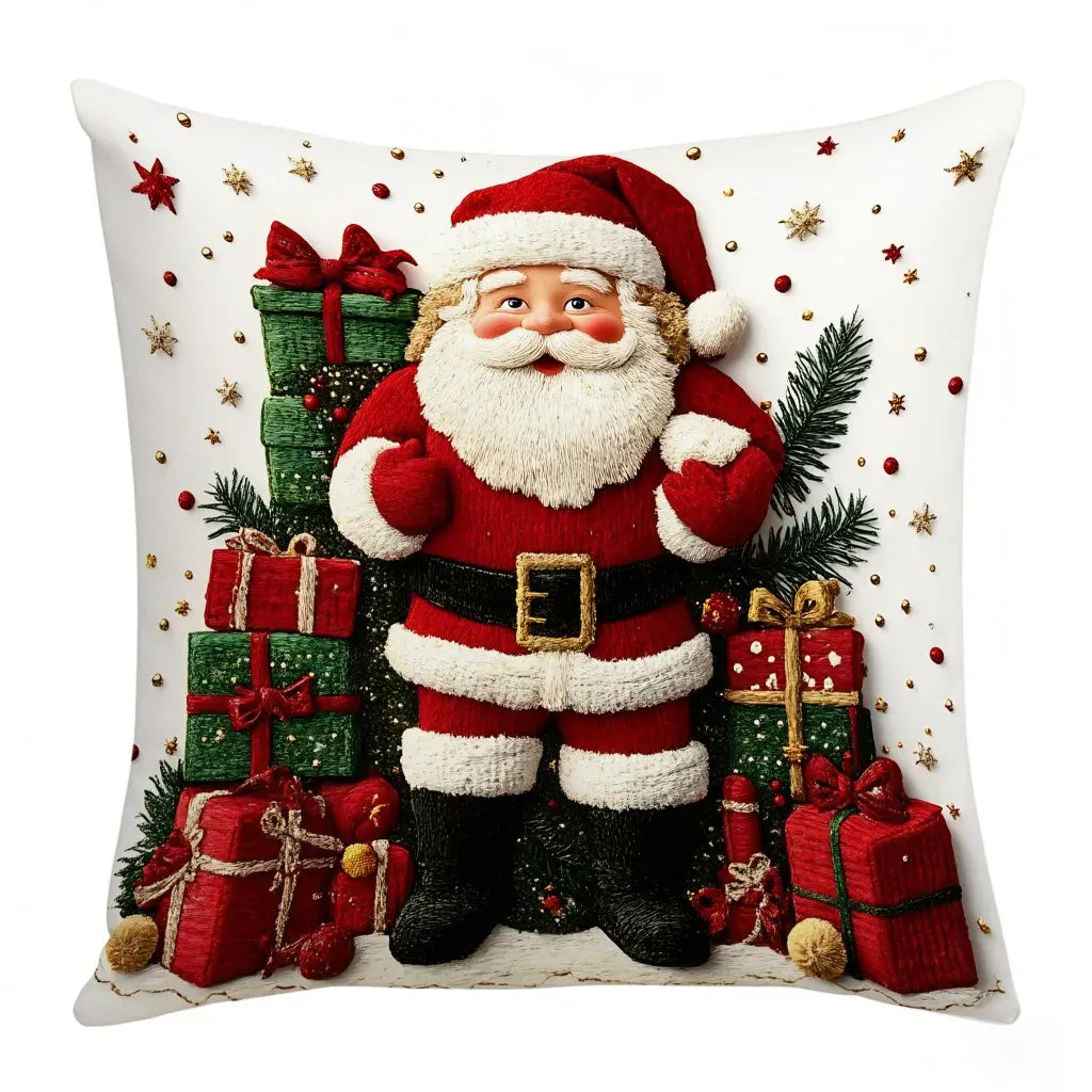 Housse de coussin de Noël avec un Père Noël en relief, entouré de cadeaux colorés sur fond blanc