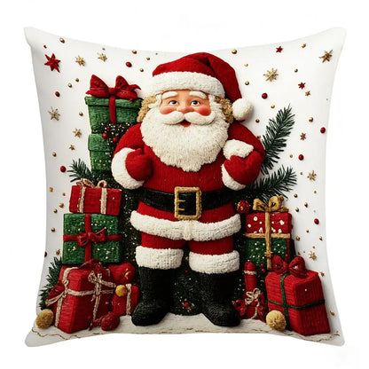 Housse de coussin de Noël avec un Père Noël en relief, entouré de cadeaux colorés sur fond blanc