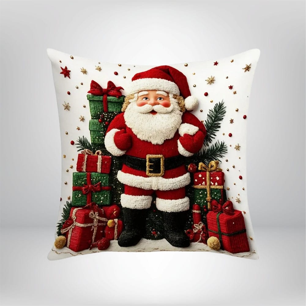 Coussin décoratif avec un motif de Père Noël sur fond blanc, entouré de cadeaux et d'étoiles dorées