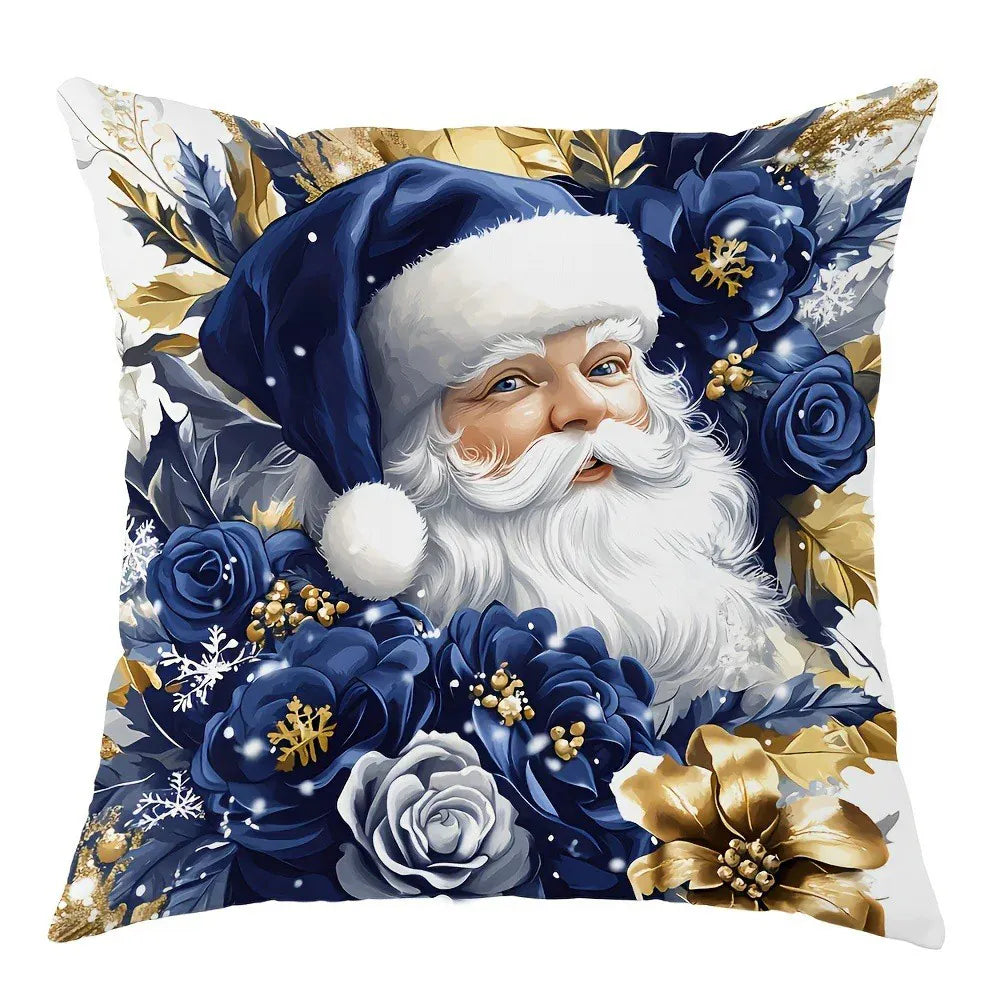 Housse de coussin décoratif avec un motif de Noël, représentant un Père Noël entouré de fleurs bleues et dorées