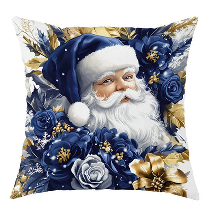 Housse de coussin décoratif avec un motif de Noël, représentant un Père Noël entouré de fleurs bleues et dorées