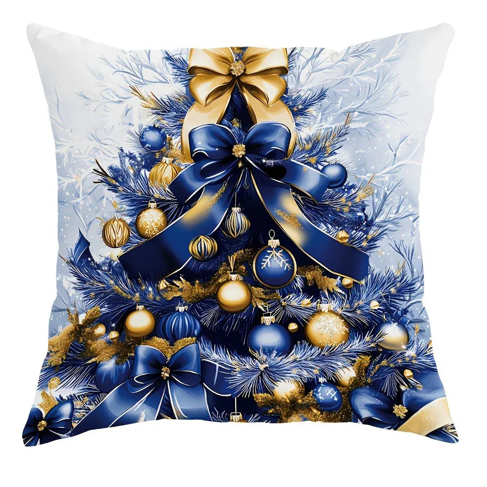 Coussin décoratif aux motifs de sapin de Noël bleu et doré, idéal pour un canapé ou un lit