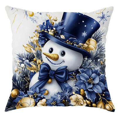 Coussin décoratif avec un bonhomme de neige, motifs bleus et dorés, idéal pour un canapé ou un lit