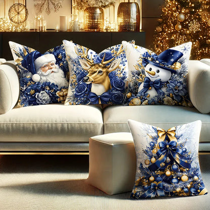 Coussins décoratifs aux motifs de Noël, avec des illustrations de Père Noël, renne et bonhomme de neige sur un canapé