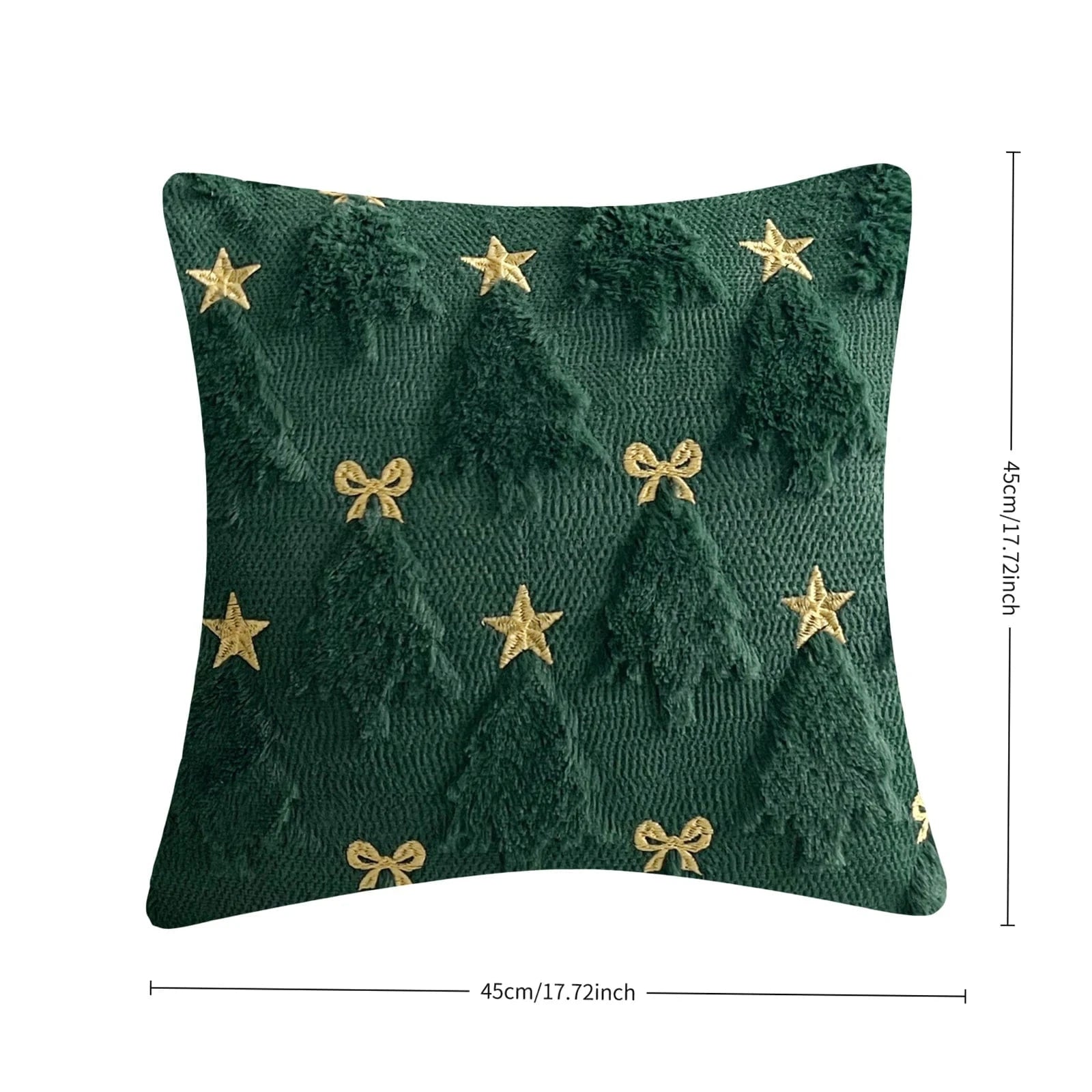 Housse de coussin vert forêt avec motifs d'arbres dorés et étoiles, parfaite pour une ambiance festive sur le canapé