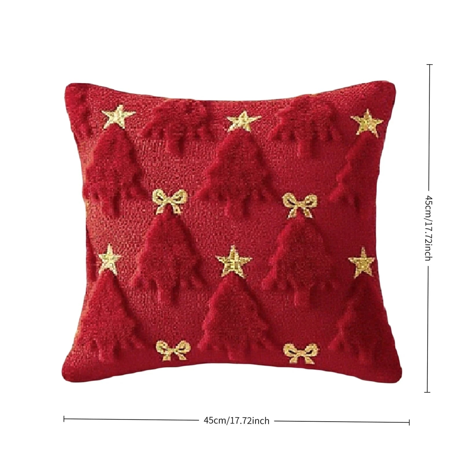 Coussin décoratif rouge avec motifs d'arbres de Noël et étoiles dorées, idéal pour un salon festif