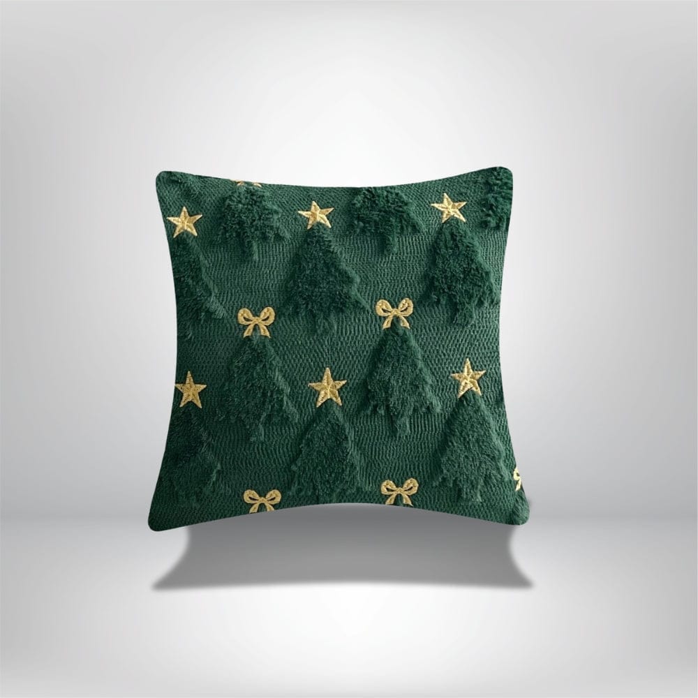 Coussin décoratif vert avec motifs d'arbres de Noël et étoiles dorées, idéal pour un salon festif