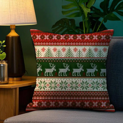 Housse de coussin décoratif aux motifs de Noël en tartan rouge, vert et blanc, sur un canapé moderne