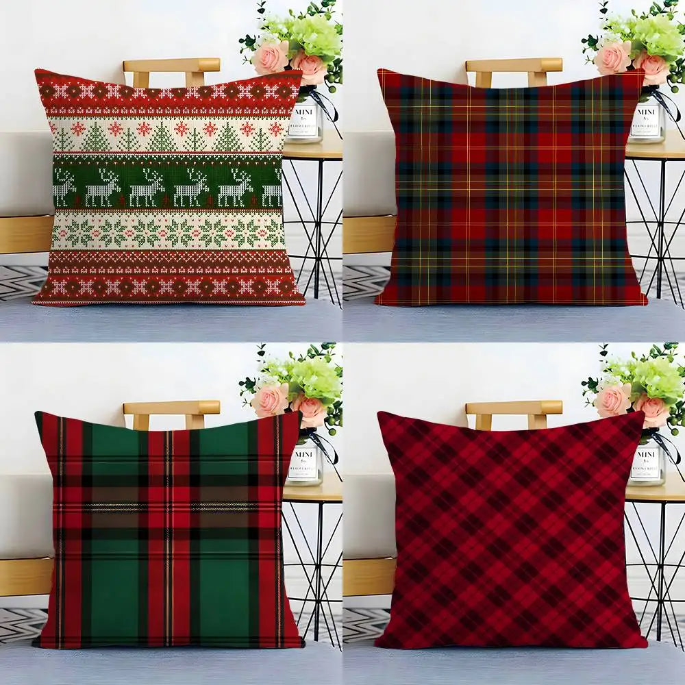 Housse de coussin décoratif en tartan rouge et vert, motif festif sur canapé dans un salon moderne
