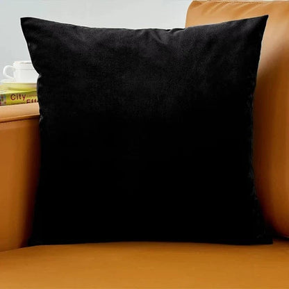 Coussin en velours noir posé sur un canapé marron, ajoutant une touche élégante à la décoration intérieure