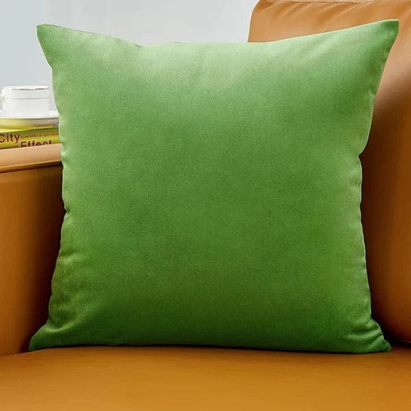 Coussin déco en velours vert posé sur un canapé marron, ajoutant une touche d'élégance et de douceur à la décoration