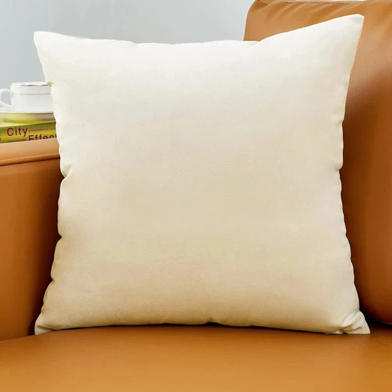 Coussin décoratif en velours beige posé sur un canapé en cuir marron, ajoutant une touche d'élégance à la pièce