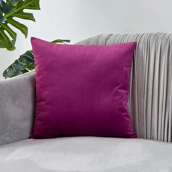 Coussin décoratif en velours violet posé sur un canapé gris, ajoutant une touche d'élégance à la décoration