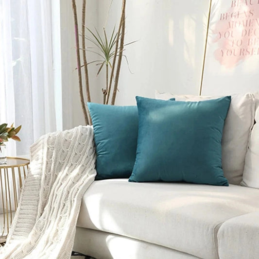 Deux coussins décoratifs en velours turquoise posés sur un canapé clair, apportant une touche chic et élégante à la pièce