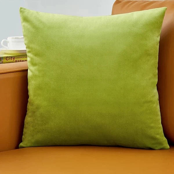 Coussin déco en velours vert sur un canapé marron, ajoutant une touche d'élégance et de douceur à la pièce