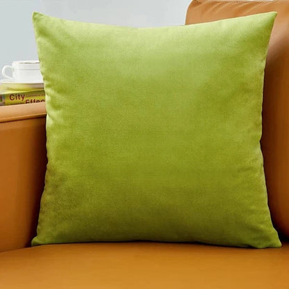 Coussin déco en velours vert sur un canapé marron, ajoutant une touche d'élégance et de douceur à la pièce