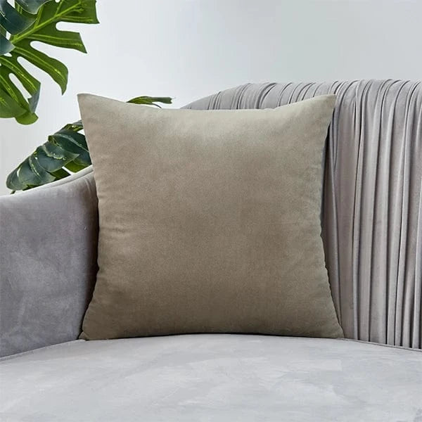 Coussin décoratif en velours beige posé sur un canapé gris, ajoutant une touche d'élégance à la décoration intérieure