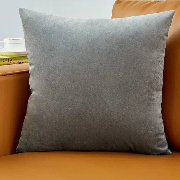 Coussin décoratif en velours gris posé sur un canapé marron, ajoutant une touche d'élégance à la pièce