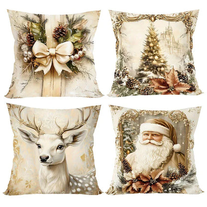 Quatre coussins décoratifs aux motifs de Noël, avec des couleurs douces et des illustrations festives, parfaits pour un salon