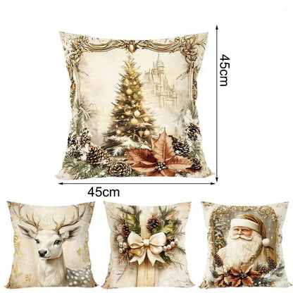 Coussins décoratifs aux motifs de Noël avec un sapin, un cerf et un père Noël sur un fond beige