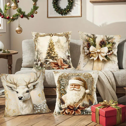 Quatre coussins décoratifs aux motifs de Noël, avec des couleurs douces, sur un canapé beige dans un salon chaleureux